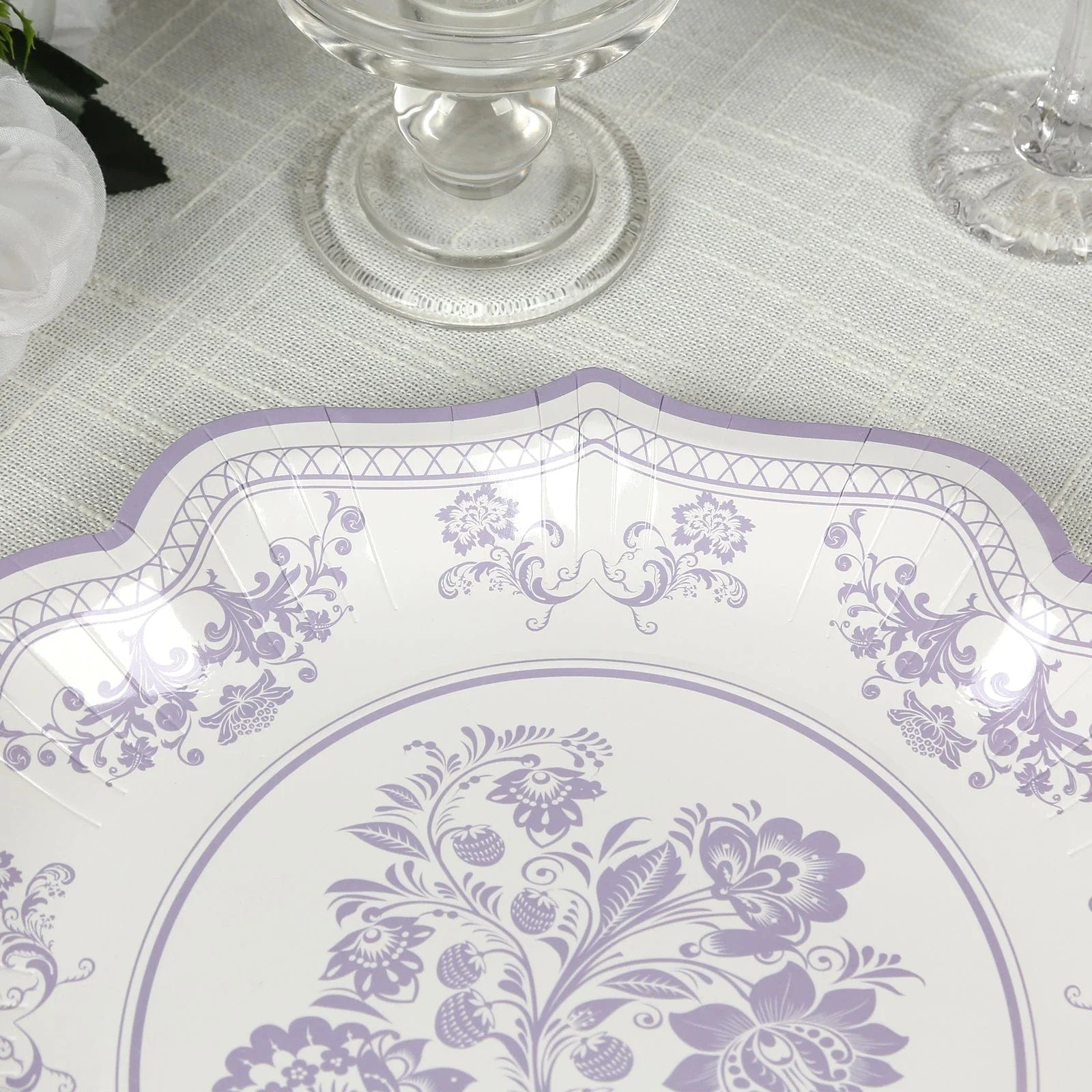 25 White with Blue Floral Disposable Dessert Dinner Paper Plates with Scallop Trim