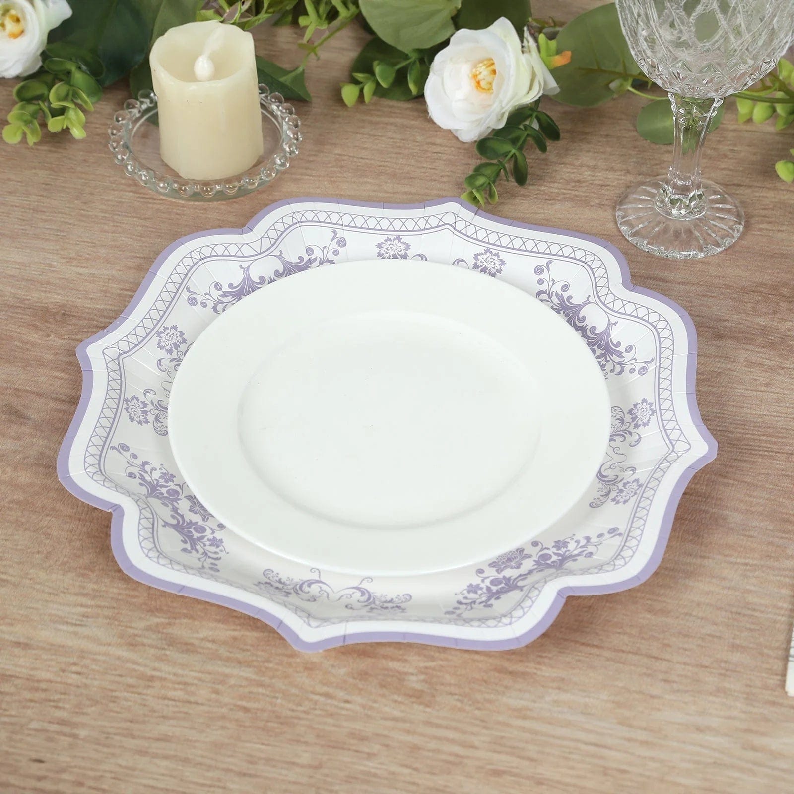 25 White with Blue Floral Disposable Dessert Dinner Paper Plates with Scallop Trim