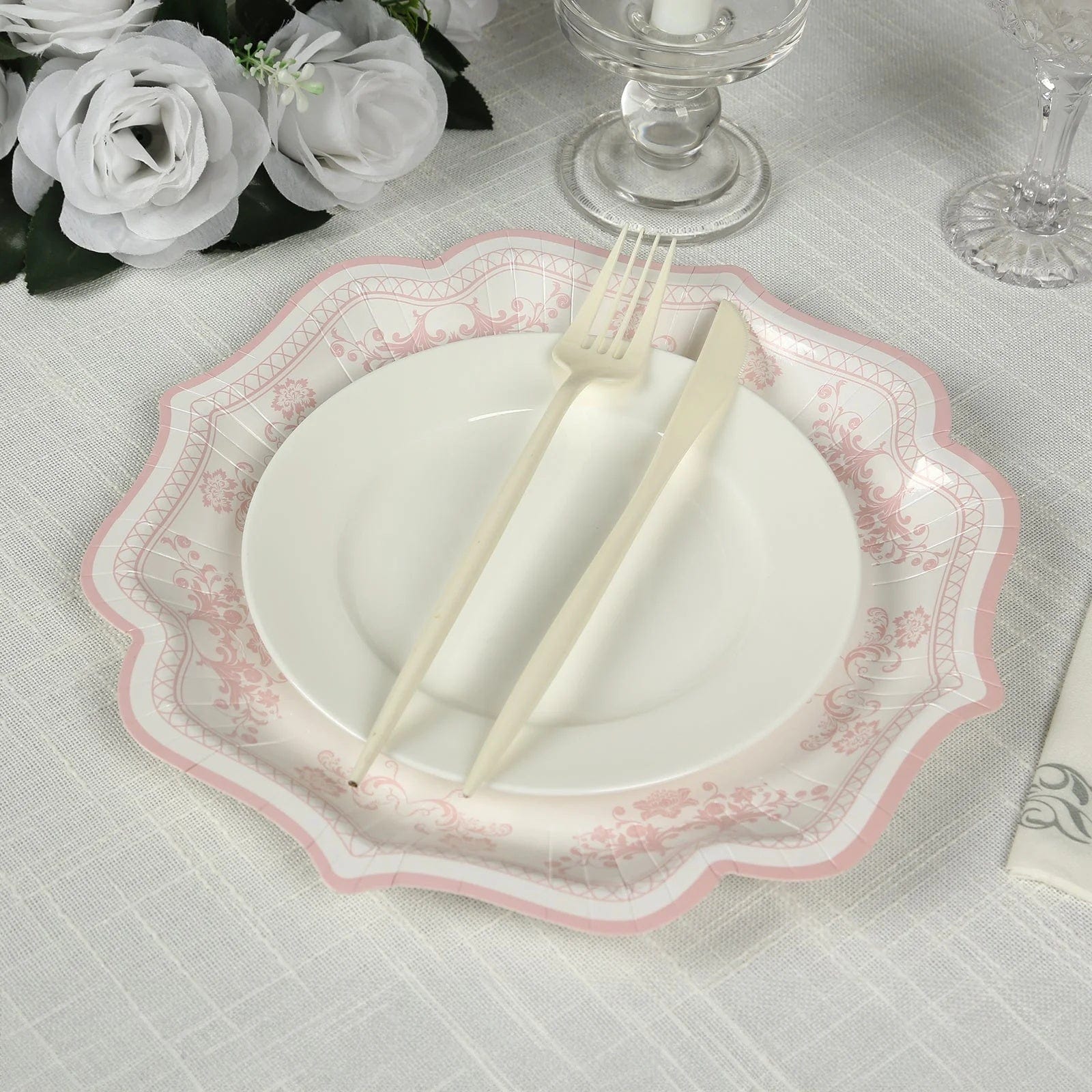 25 White with Blue Floral Disposable Dessert Dinner Paper Plates with Scallop Trim
