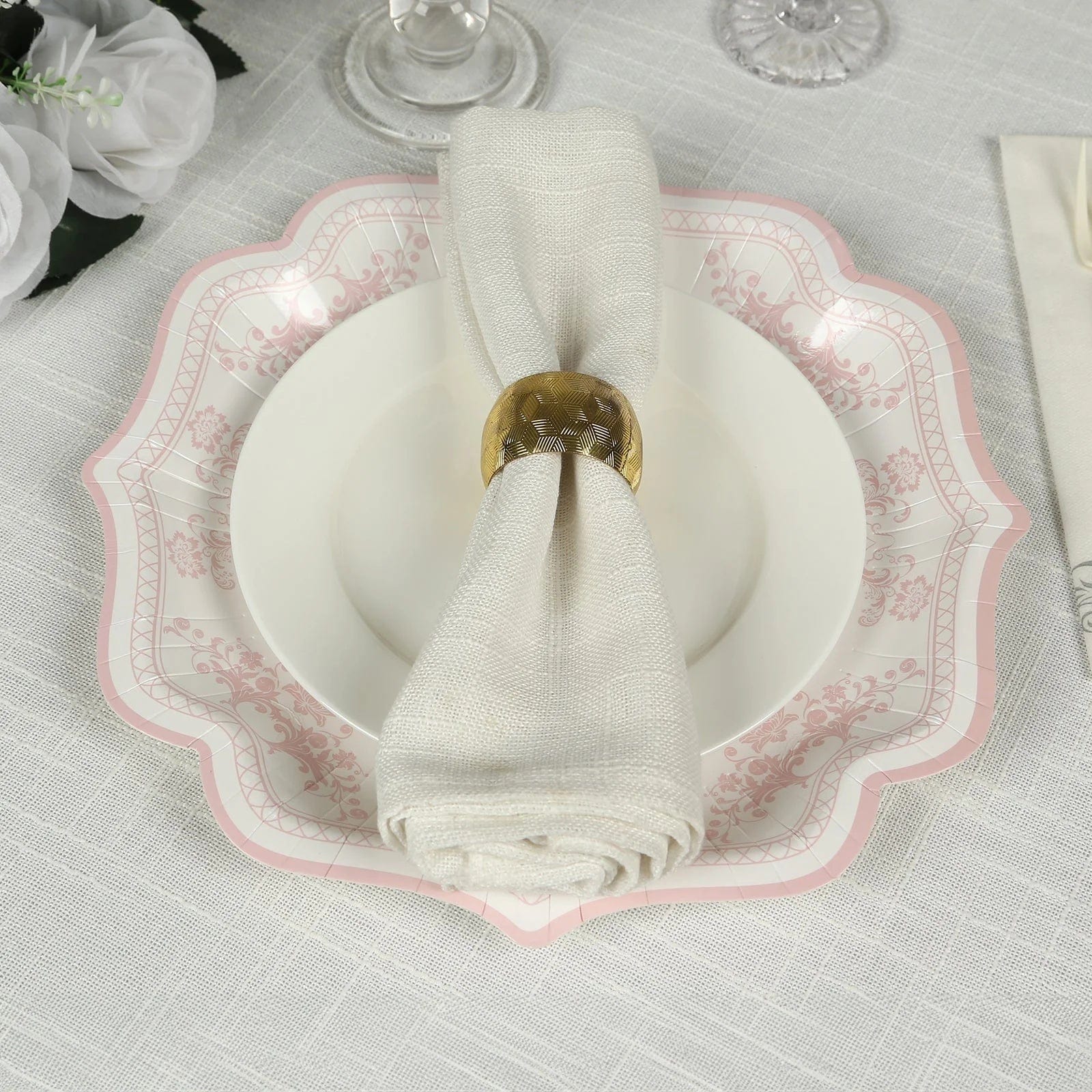 25 White with Blue Floral Disposable Dessert Dinner Paper Plates with Scallop Trim