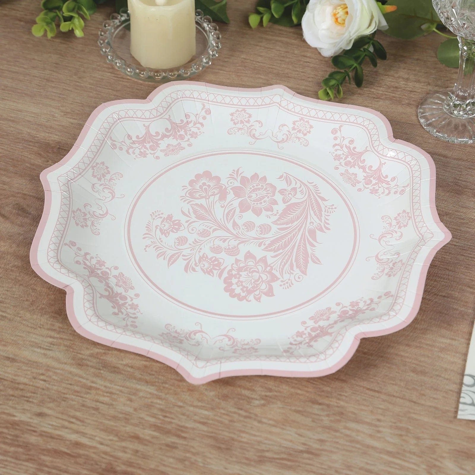 25 White with Blue Floral Disposable Dessert Dinner Paper Plates with Scallop Trim