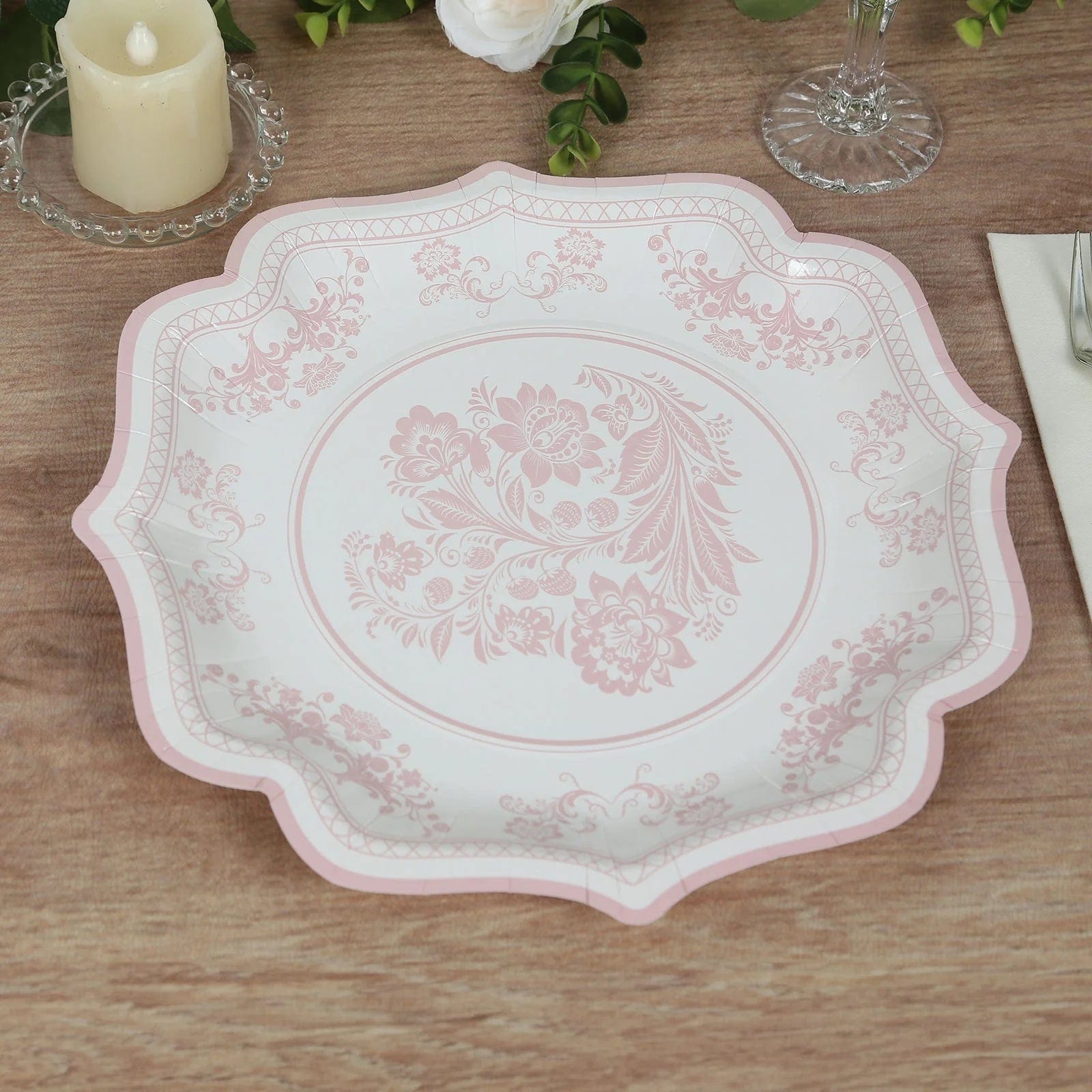 25 White with Blue Floral Disposable Dessert Dinner Paper Plates with Scallop Trim