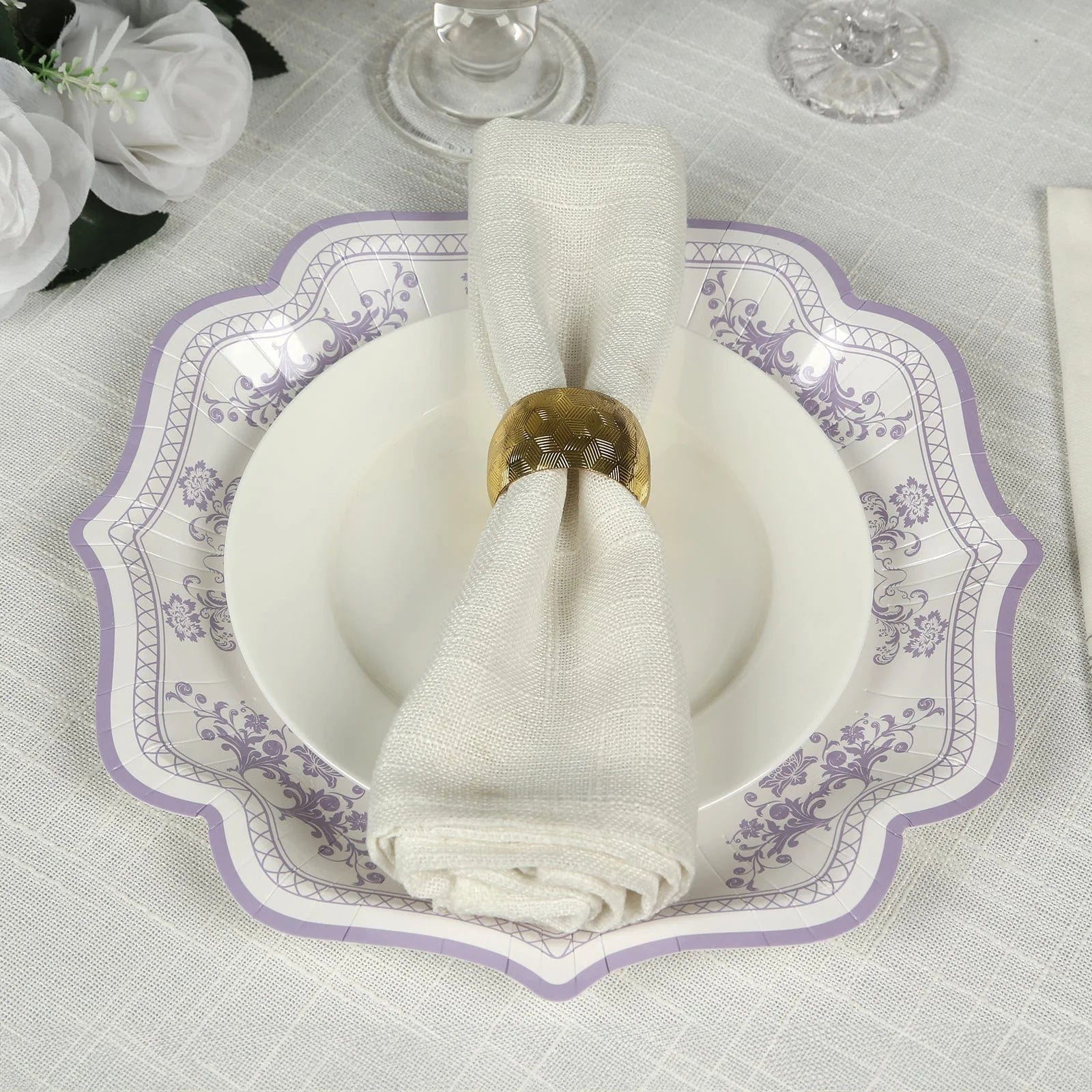 25 White with Blue Floral Disposable Dessert Dinner Paper Plates with Scallop Trim