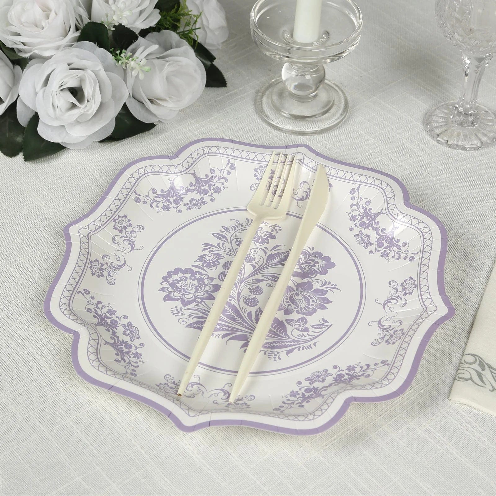 25 White with Blue Floral Disposable Dessert Dinner Paper Plates with Scallop Trim