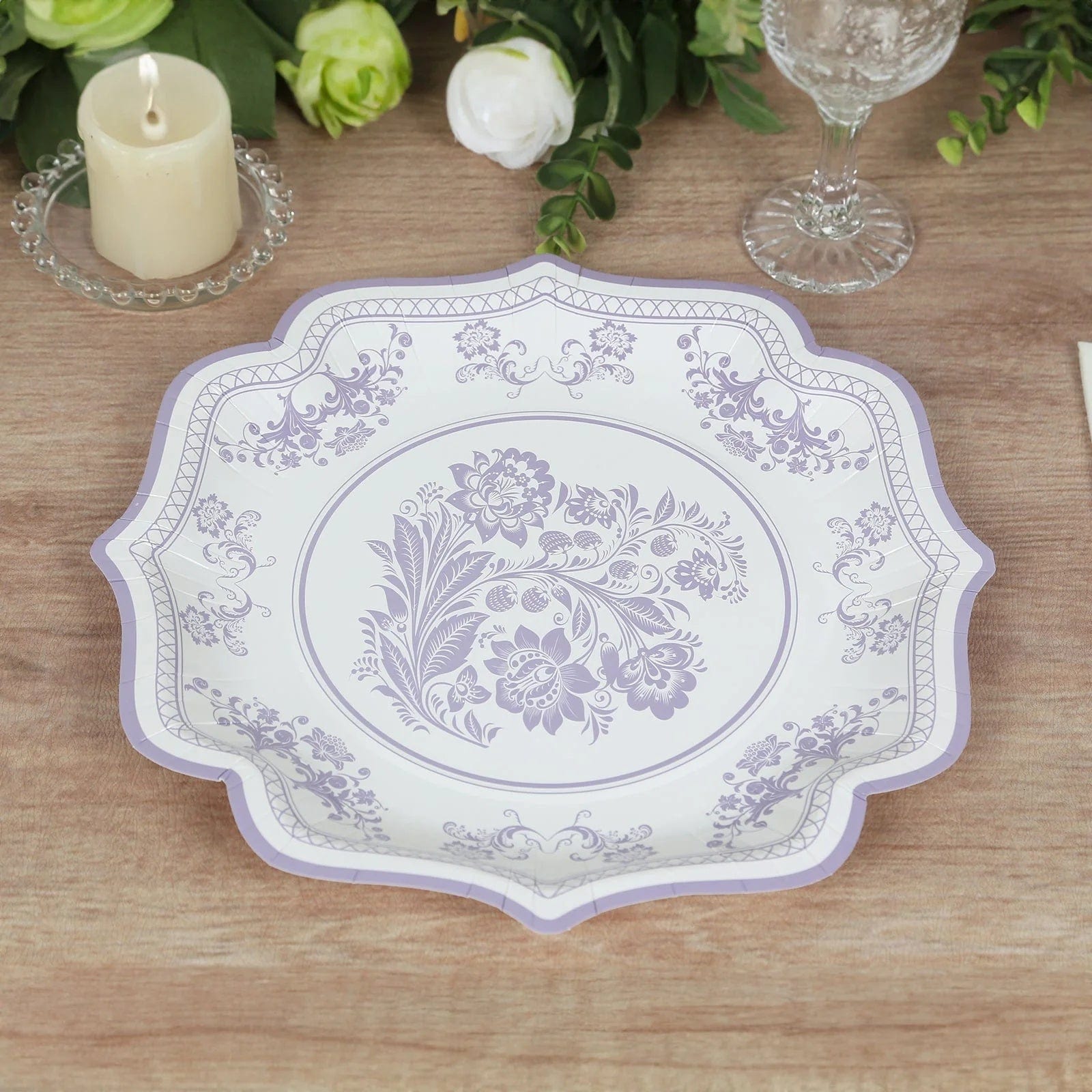 25 White with Blue Floral Disposable Dessert Dinner Paper Plates with Scallop Trim