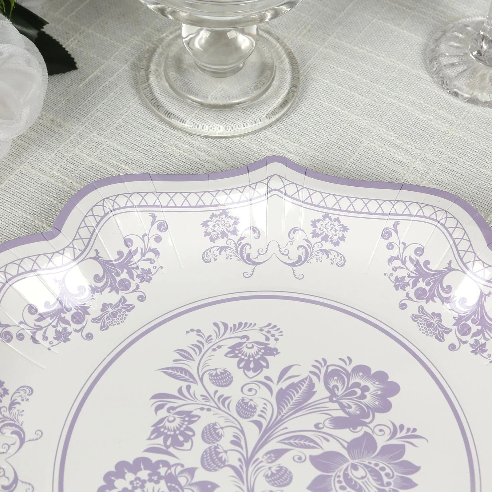 25 White with Blue Floral Disposable Dessert Dinner Paper Plates with Scallop Trim