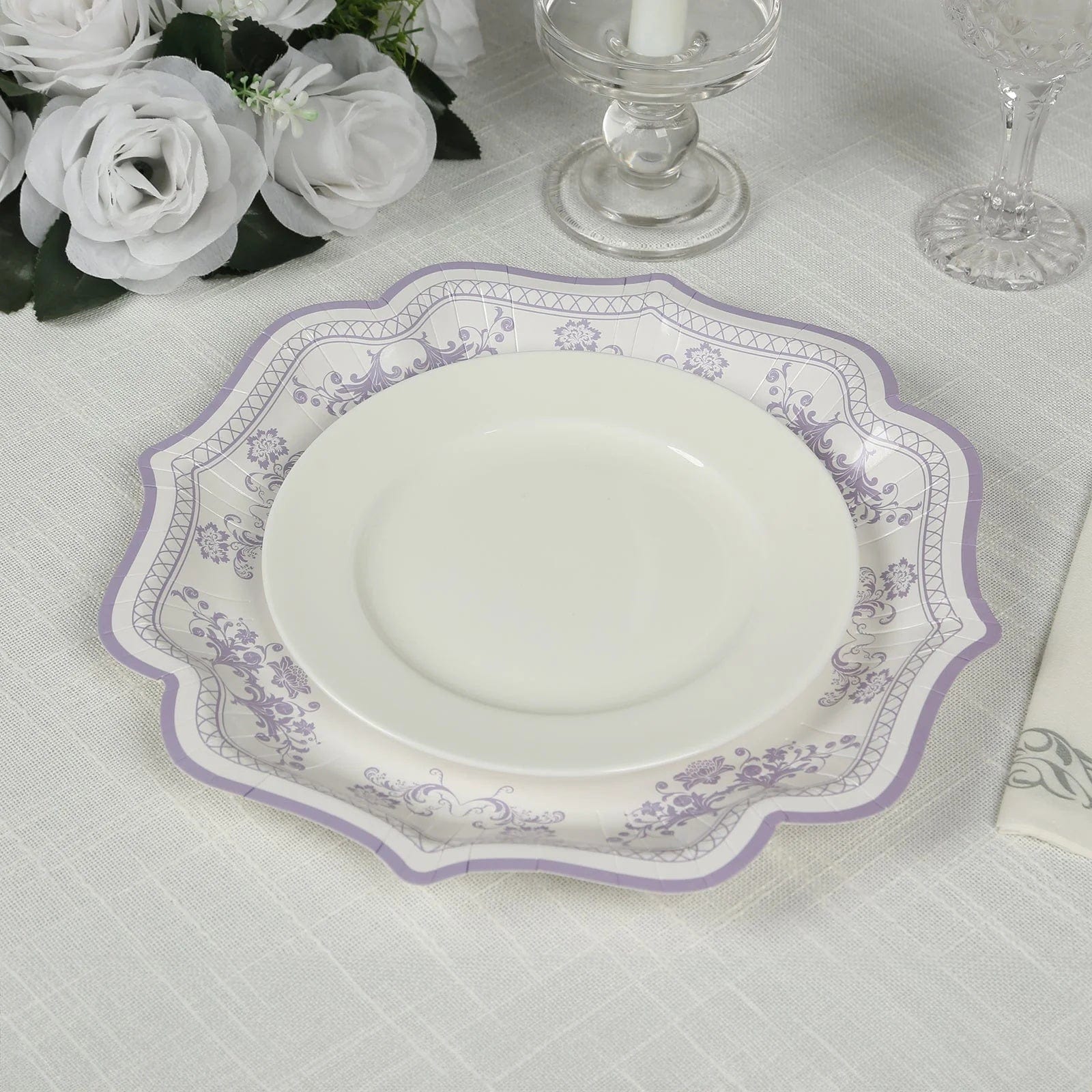 25 White with Blue Floral Disposable Dessert Dinner Paper Plates with Scallop Trim