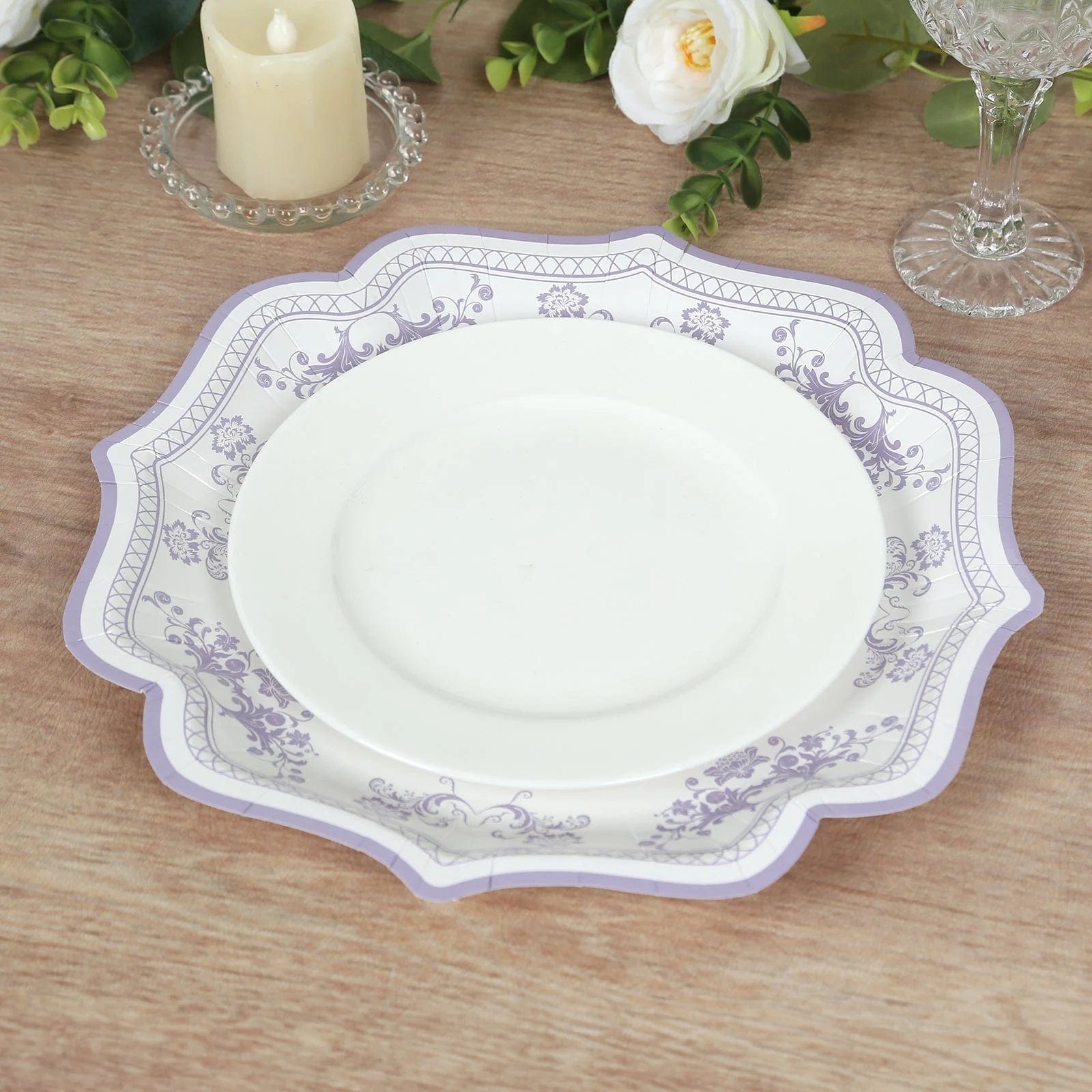 25 White with Blue Floral Disposable Dessert Dinner Paper Plates with Scallop Trim