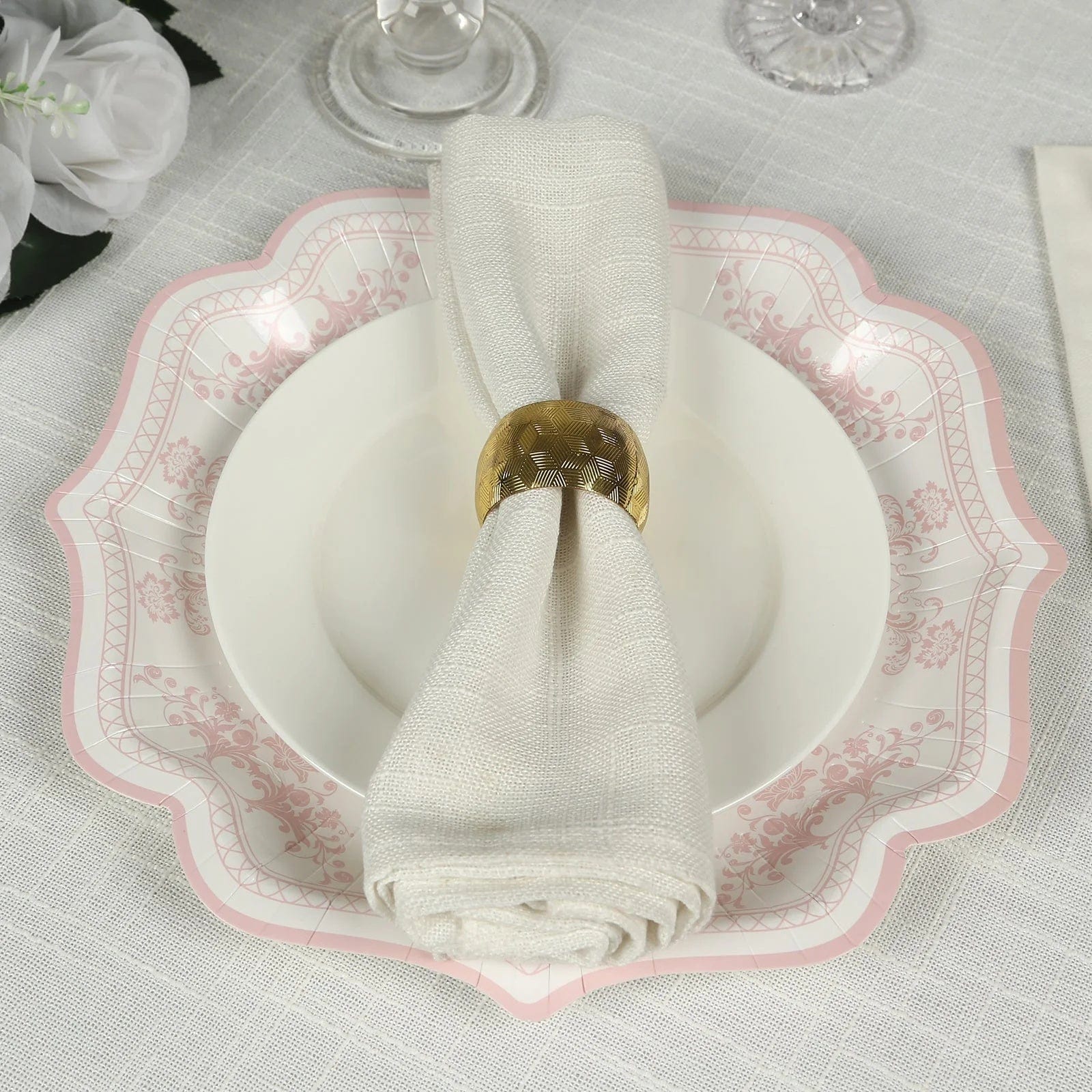 25 White with Blue Floral Disposable Dessert Dinner Paper Plates with Scallop Trim