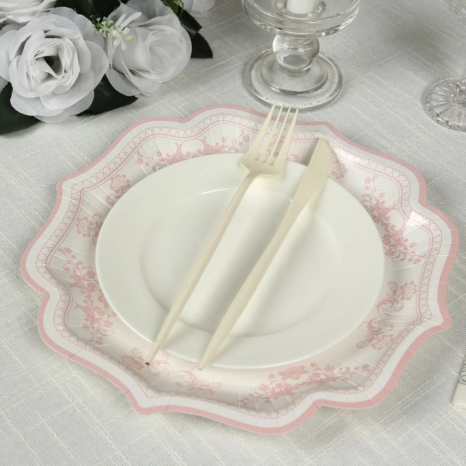 25 White with Blue Floral Disposable Dessert Dinner Paper Plates with Scallop Trim