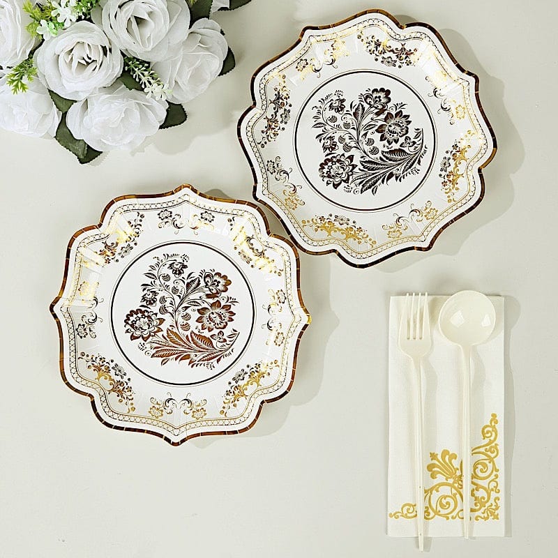 25 White with Blue Floral Disposable Dessert Dinner Paper Plates with Scallop Trim