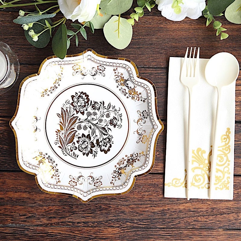 25 White with Blue Floral Disposable Dessert Dinner Paper Plates with Scallop Trim