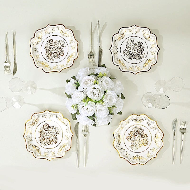25 White with Blue Floral Disposable Dessert Dinner Paper Plates with Scallop Trim