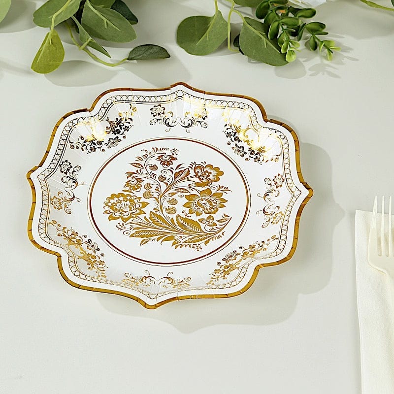 25 White with Blue Floral Disposable Dessert Dinner Paper Plates with Scallop Trim