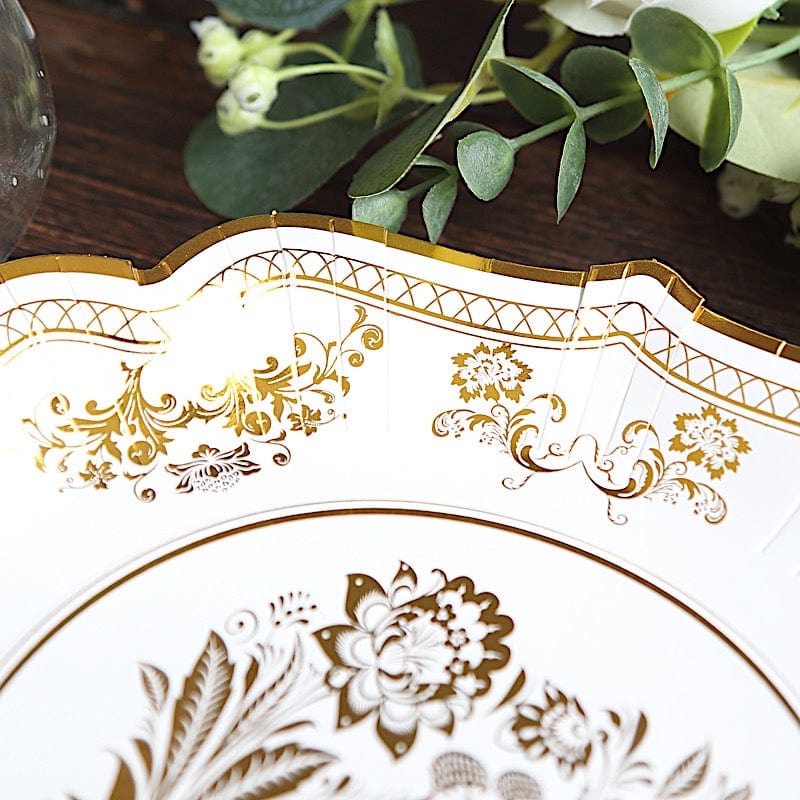 25 White with Blue Floral Disposable Dessert Dinner Paper Plates with Scallop Trim