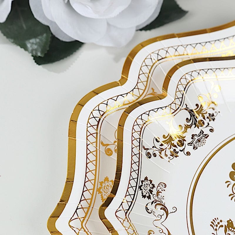 25 White with Blue Floral Disposable Dessert Dinner Paper Plates with Scallop Trim