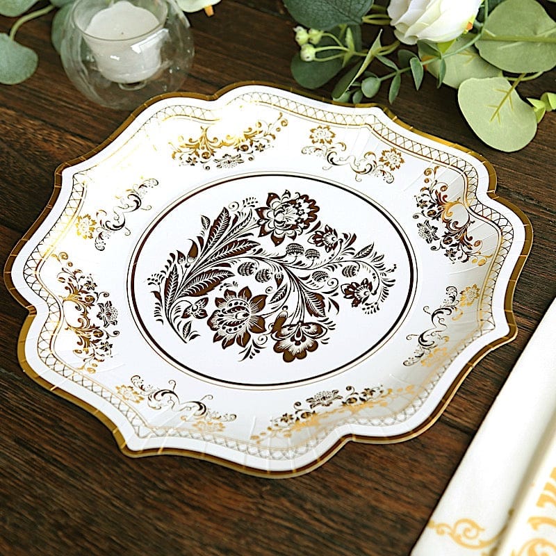 25 White with Blue Floral Disposable Dessert Dinner Paper Plates with Scallop Trim