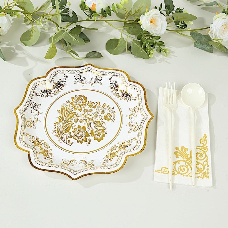 25 White with Blue Floral Disposable Dessert Dinner Paper Plates with Scallop Trim