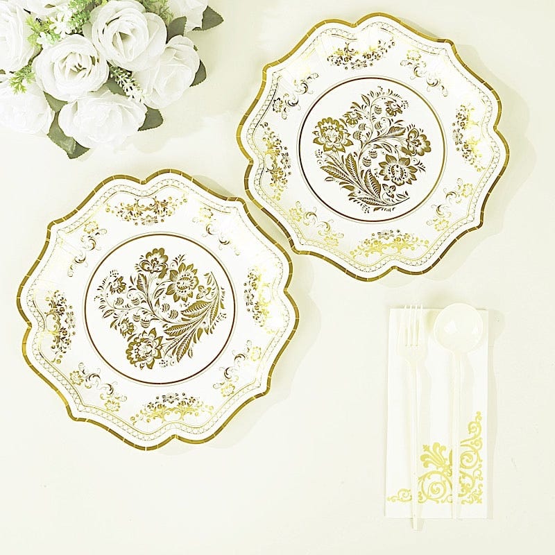 25 White with Blue Floral Disposable Dessert Dinner Paper Plates with Scallop Trim