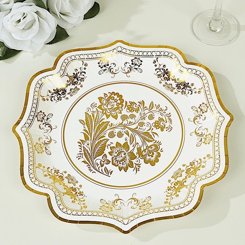 25 White with Blue Floral Disposable Dessert Dinner Paper Plates with Scallop Trim