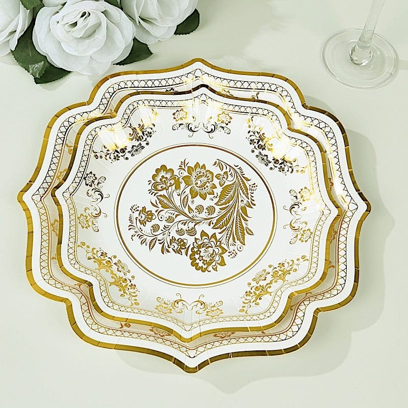 25 White with Blue Floral Disposable Dessert Dinner Paper Plates with Scallop Trim