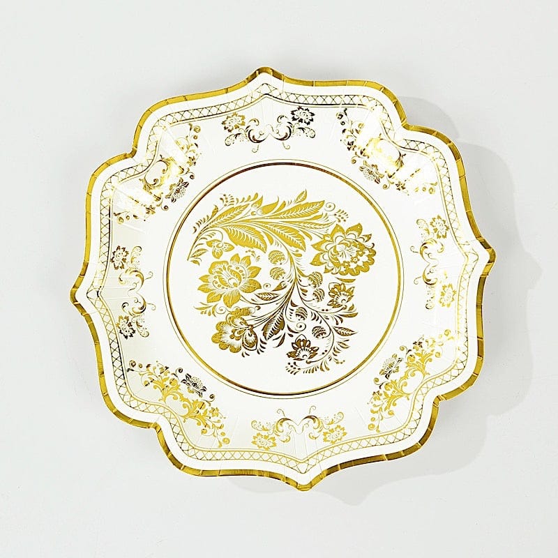25 White with Blue Floral Disposable Dessert Dinner Paper Plates with Scallop Trim