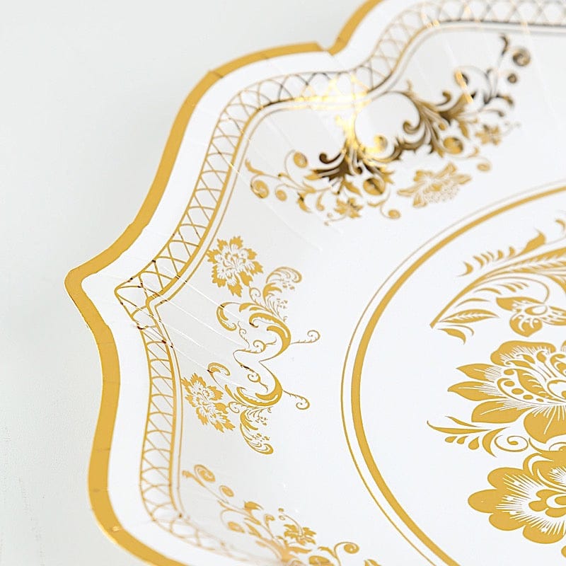 25 White with Blue Floral Disposable Dessert Dinner Paper Plates with Scallop Trim