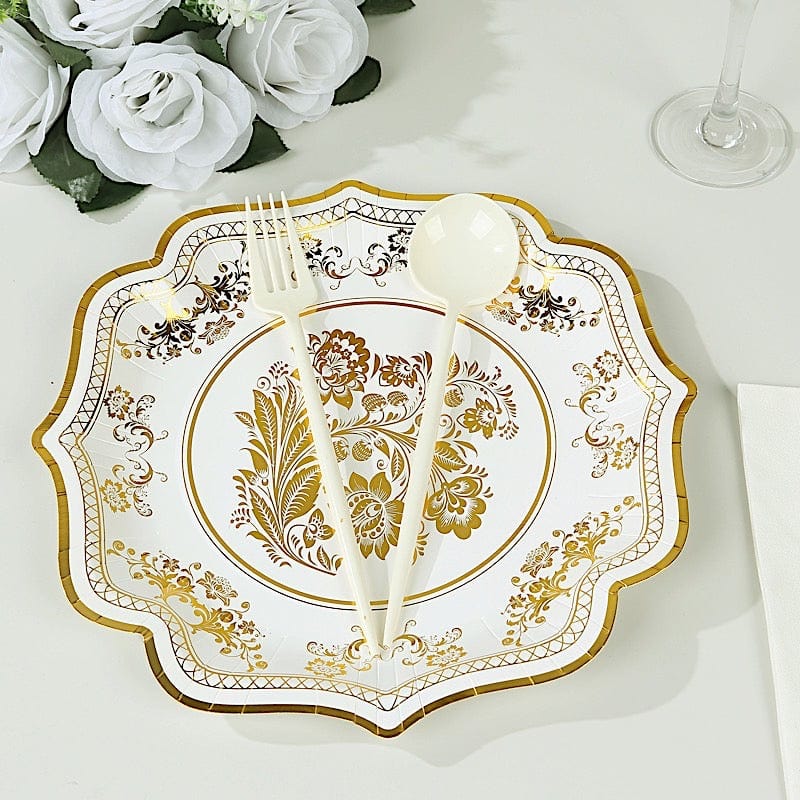25 White with Blue Floral Disposable Dessert Dinner Paper Plates with Scallop Trim