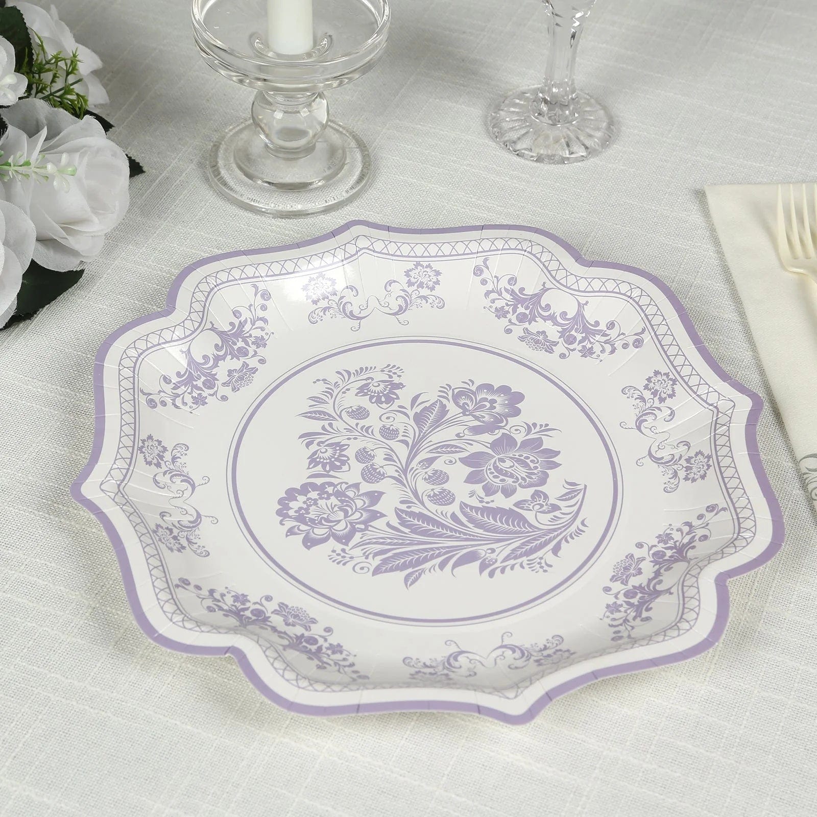 25 White with Blue Floral Disposable Dessert Dinner Paper Plates with Scallop Trim