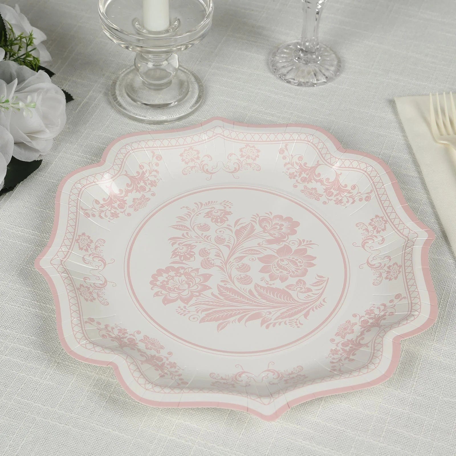 25 White with Blue Floral Disposable Dessert Dinner Paper Plates with Scallop Trim