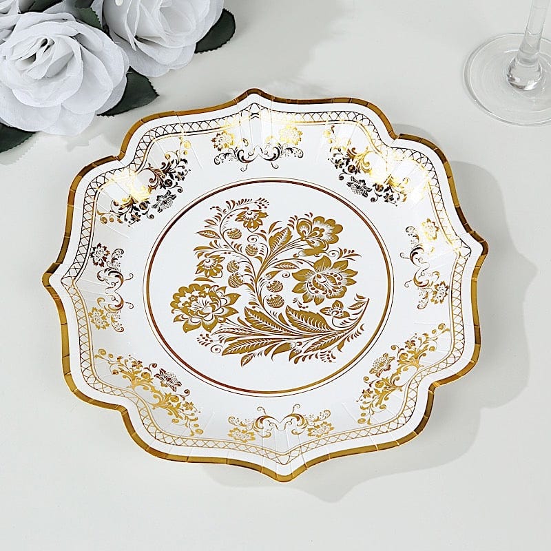 25 White with Blue Floral Disposable Dessert Dinner Paper Plates with Scallop Trim