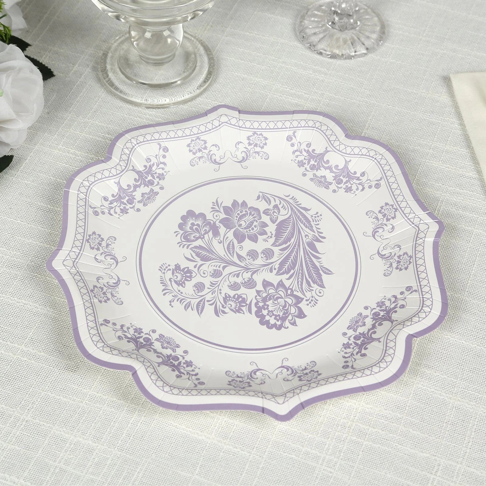 25 White with Blue Floral Disposable Dessert Dinner Paper Plates with Scallop Trim