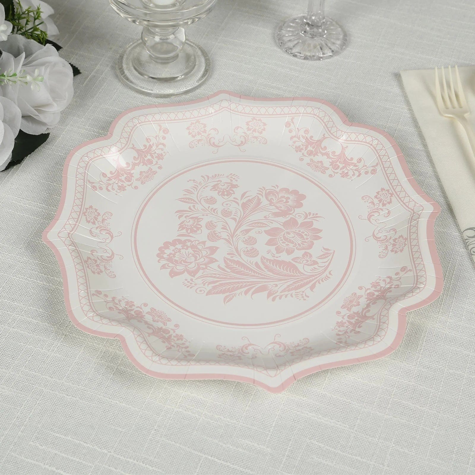 25 White with Blue Floral Disposable Dessert Dinner Paper Plates with Scallop Trim