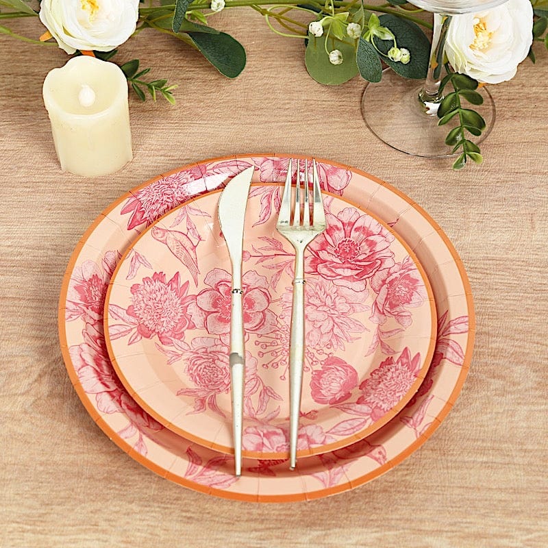 50 Paper Round Dusty Rose Spring Floral Print Dessert and Dinner Plates with Gold Rim