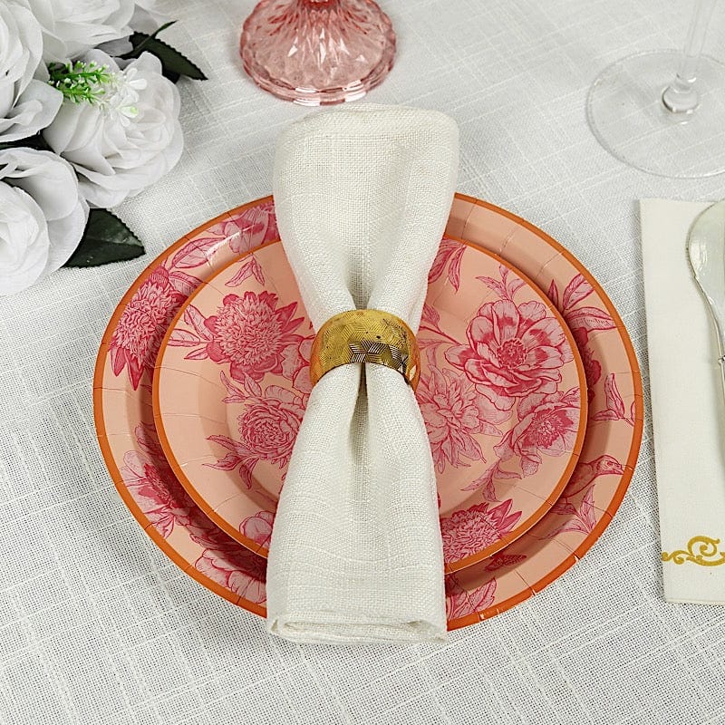 50 Paper Round Dusty Rose Spring Floral Print Dessert and Dinner Plates with Gold Rim