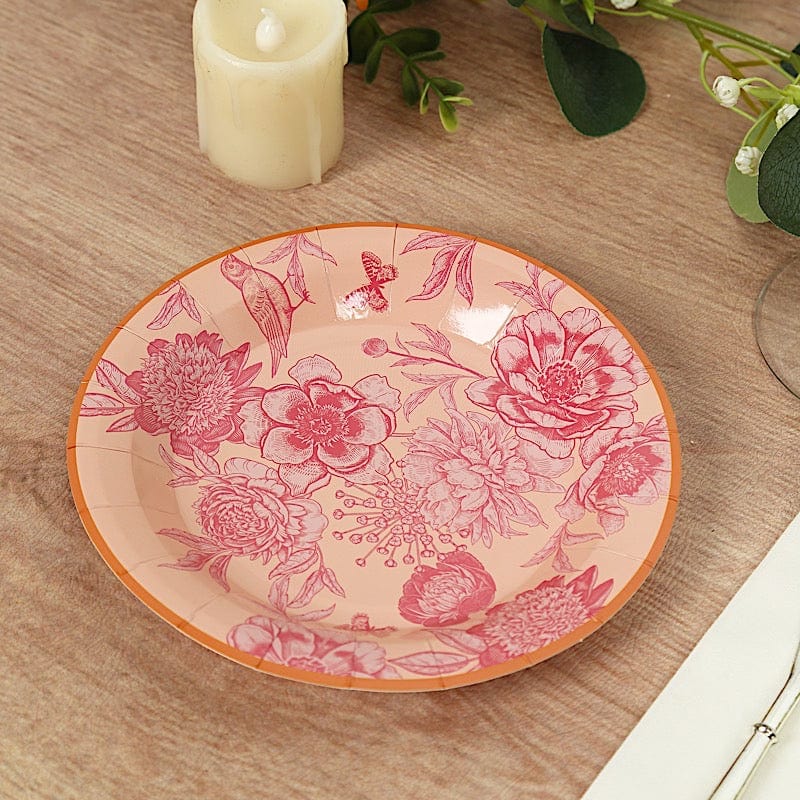 50 Paper Round Dusty Rose Spring Floral Print Dessert and Dinner Plates with Gold Rim