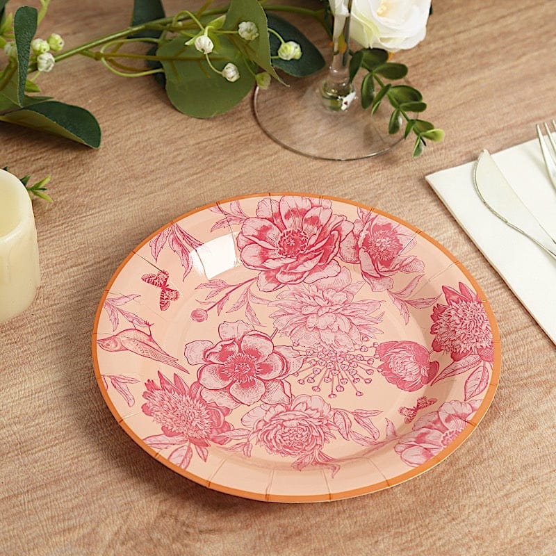 50 Paper Round Dusty Rose Spring Floral Print Dessert and Dinner Plates with Gold Rim
