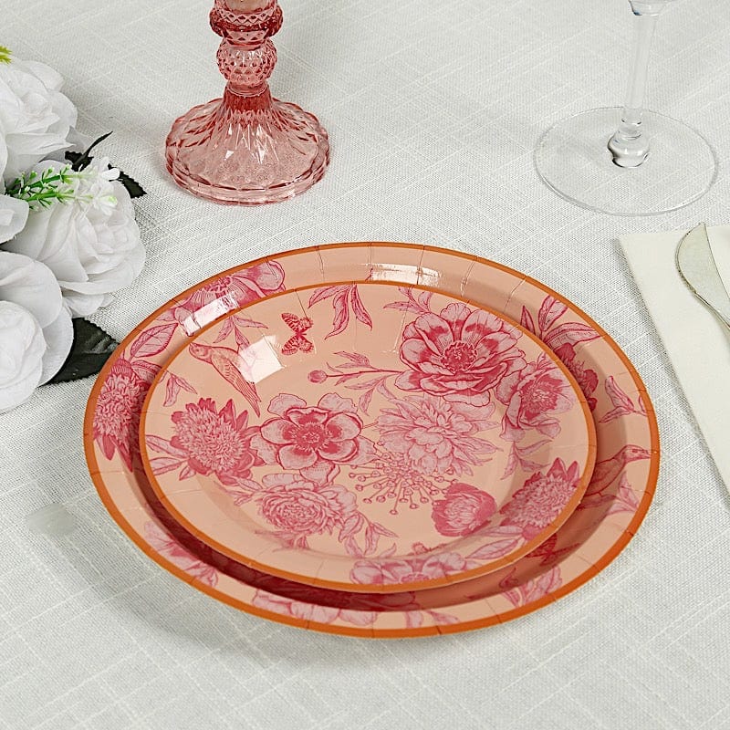 50 Paper Round Dusty Rose Spring Floral Print Dessert and Dinner Plates with Gold Rim