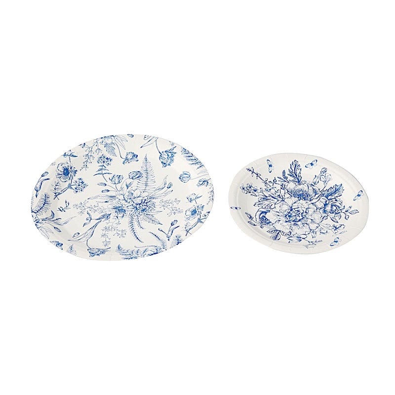 50 Paper Round White with Blue French Toile Pattern Dessert and Dinner Plates