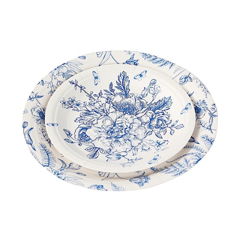 50 Paper Round White with Blue French Toile Pattern Dessert and Dinner Plates
