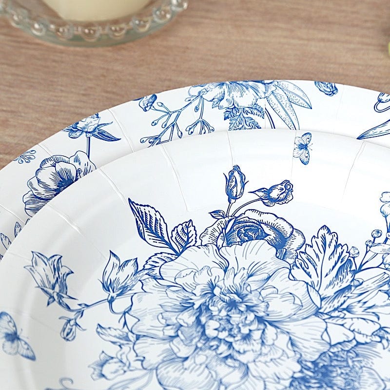 50 Paper Round White with Blue French Toile Pattern Dessert and Dinner Plates