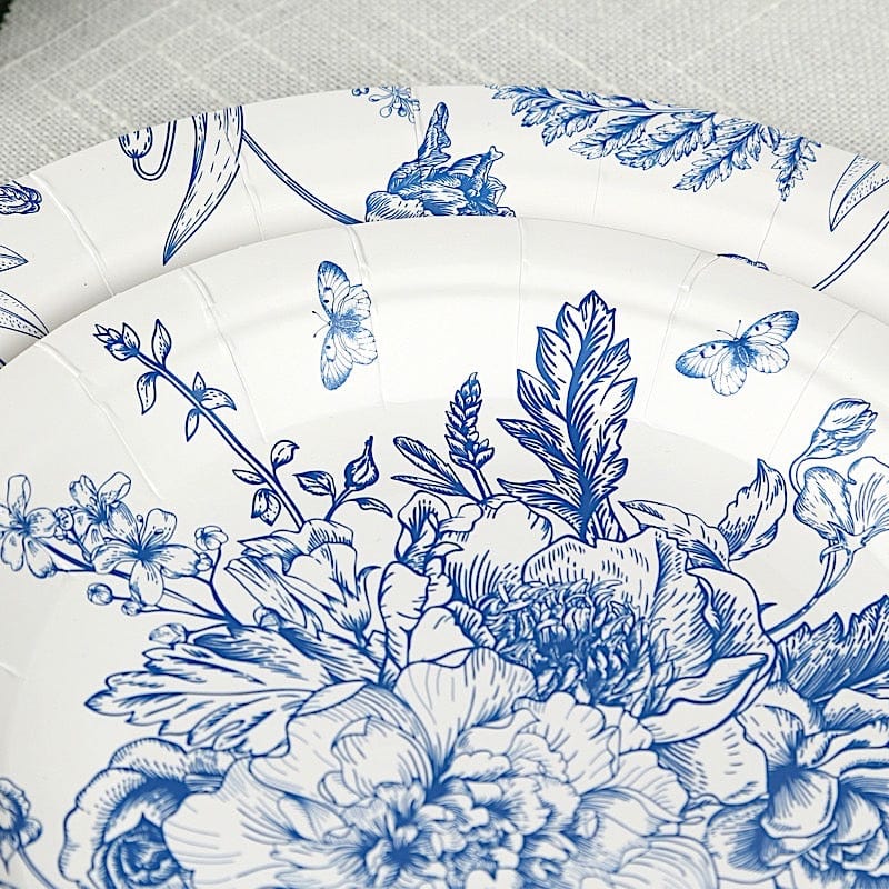 50 Paper Round White with Blue French Toile Pattern Dessert and Dinner Plates