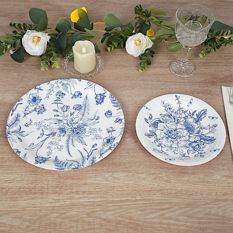 50 Paper Round White with Blue French Toile Pattern Dessert and Dinner Plates