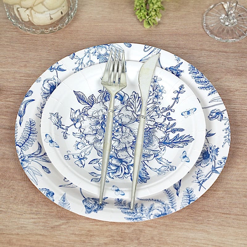 50 Paper Round White with Blue French Toile Pattern Dessert and Dinner Plates