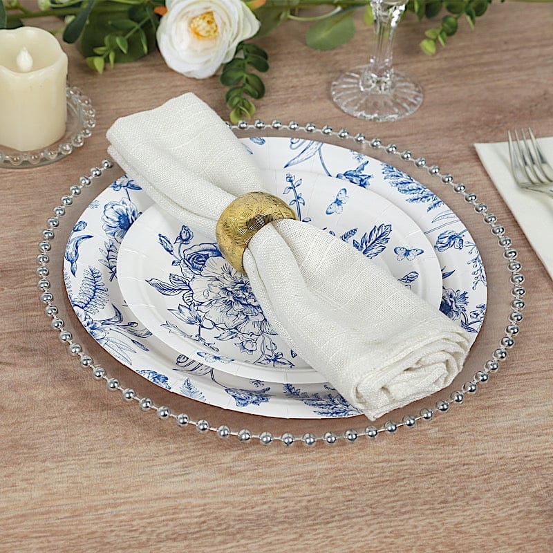 50 Paper Round White with Blue French Toile Pattern Dessert and Dinner Plates