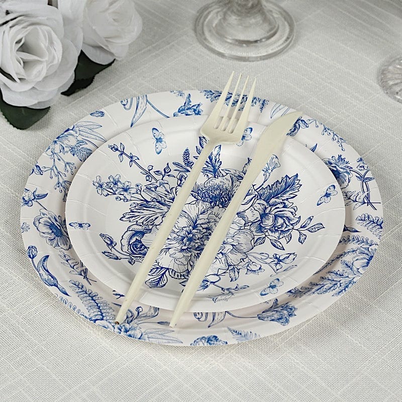 50 Paper Round White with Blue French Toile Pattern Dessert and Dinner Plates