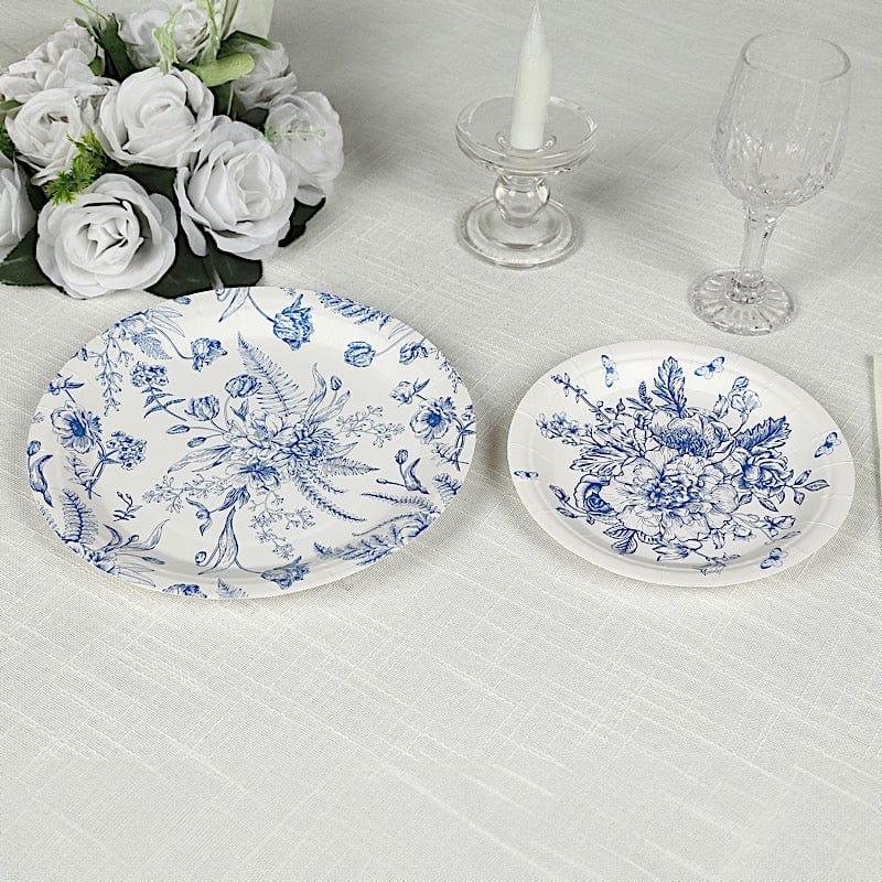 50 Paper Round White with Blue French Toile Pattern Dessert and Dinner Plates