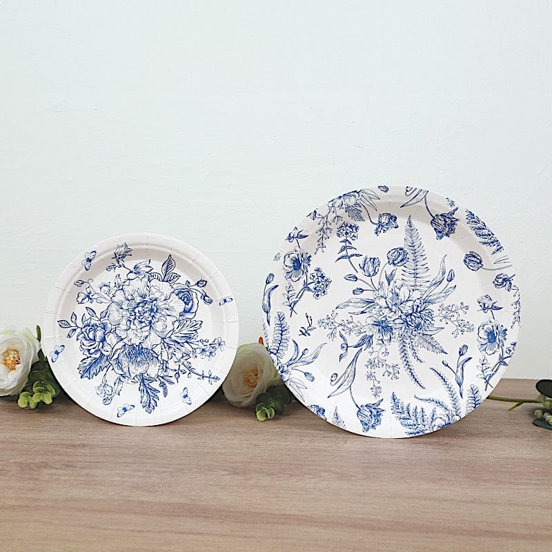 50 Paper Round White with Blue French Toile Pattern Dessert and Dinner Plates