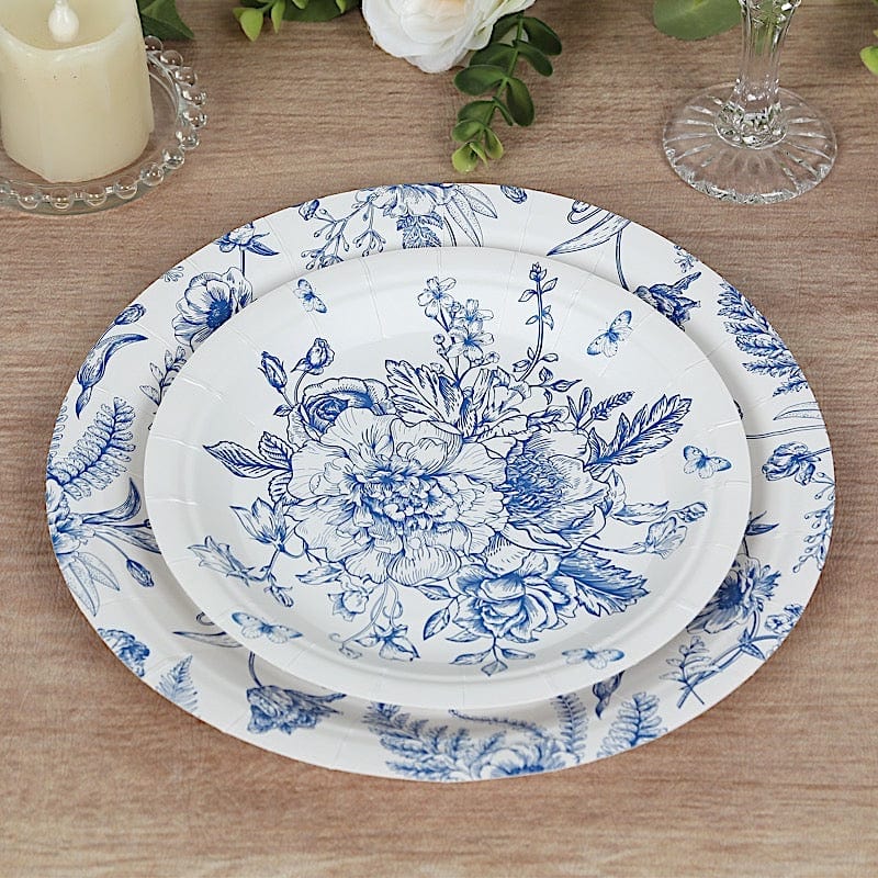50 Paper Round White with Blue French Toile Pattern Dessert and Dinner Plates