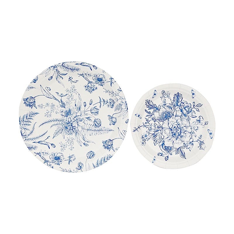 50 Paper Round White with Blue French Toile Pattern Dessert and Dinner Plates